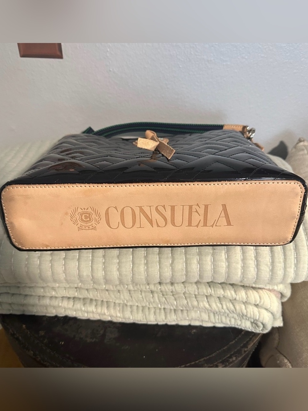 Consuela Inked Downtown Crossbody Black Patent Bah with Tan Tassel - Picture 3 of 4